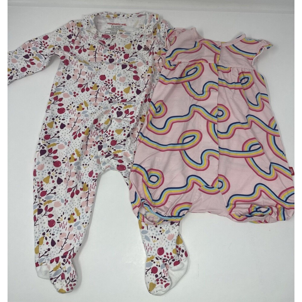 Magnetic Me Baby 3-6Mo Lot of 2 Short Romper Rainbow Ribbon Footie Sleeper Fruit